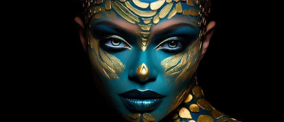 Intricate Golden Face Paint on Blue Skin Tone