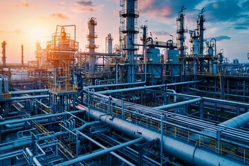 Fototapeta na wymiar Industrial oil and gas refinery with massive storage tanks and complex pipe systems, abstract background