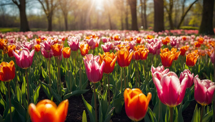 Field of Pink and Orange Tulips at Sunset - obrazy, fototapety, plakaty