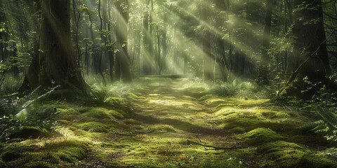 Serene forest scenery with sunbeams filtering through tall trees, highlighting the lush green moss and understory - obrazy, fototapety, plakaty