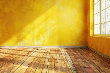 lightweight yellow empty wall and wooden floor with interesting with glare from the window. Interior background