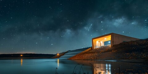 Hydropower plant at night: A blend of sustainable energy and flood prevention under a starry sky. Concept Hydropower Plant, Sustainable Energy, Flood Prevention, Night Photography, Starry Sky - obrazy, fototapety, plakaty