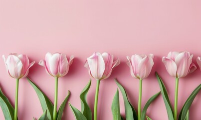 Fototapeta premium Pink tulips on pink background. Flat lay, top view. Space for text.