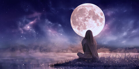 Moongazing moment - Young woman sat on the river bank staring transfixed by the huge pink moon up in the night sky  - 768719280
