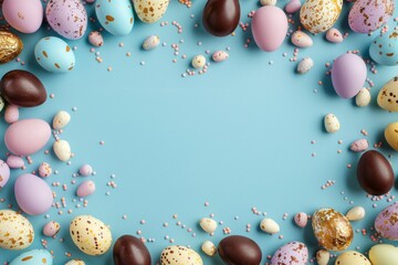 Fototapeta na wymiar Colorful Easter eggs and chocolate on blue background. Top view with copy space