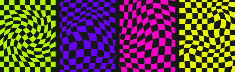 Psychedelic checkerboard acid backgrounds. Surreal abstract checkered posters collection. Groovy neon design templates. Vector