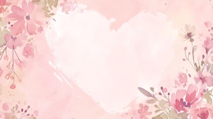  Watercolor painting of heart w/ pink flowers & leaves on light pink bkg, space for text