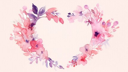 Fototapeta na wymiar A watercolor illustration depicting a heart composed of pink & purple blossoms against a white canvas, set against a pink backdrop