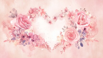  A watercolor painting featuring a heart crafted from pink and purple blossoms against a soft pink canvas, adorned with a flying butterfly