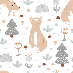 Cute foxes and fairy woodland landscape doodle seamless pattern. Nursery forest vector background