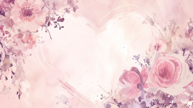  Watercolor painting of a heart-shaped frame with pink flowers and leaves on a pink watercolor background