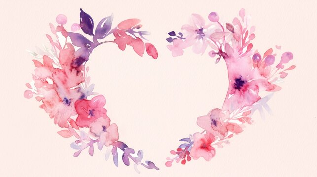  A watercolor illustration depicting a heart composed of pink & purple blossoms against a white canvas, set against a pink backdrop