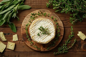 Fresh Brie Cheese Wheel Adorned with Herb Sprigs on Rustic Wooden Board