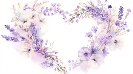  Watercolor of a heart-shaped frame, filled with lavender blooms