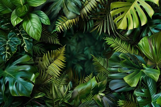 Lush tropical jungle foliage frame with copy space, exotic nature background
