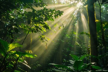 Radiant Sunrays Piercing Verdant Forest Canopy, Intimate Nature View