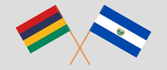 Crossed flags of Mauritius and El Salvador. Official colors. Correct proportion