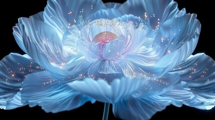  Close up of a blue flower against black background with a white center and pink stamen at focal point