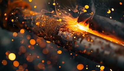 A focused shot captures the molten weld pool, welding rod, and sparks at a metal joint - obrazy, fototapety, plakaty