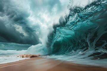 Massive Tidal Wave Approaching Sandy Beach, Powerful Seascape Photography - obrazy, fototapety, plakaty