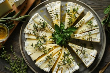 Fototapeta na wymiar Rustic Cheese Platter with Herbs and Flowers, Overhead View