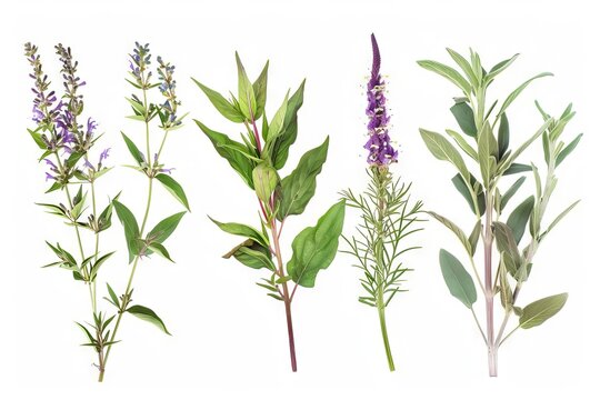 Medicinal herbs mugwort, purple willow, and myrtle trees, top view isolated on white, natural remedy ingredients, digital illustration