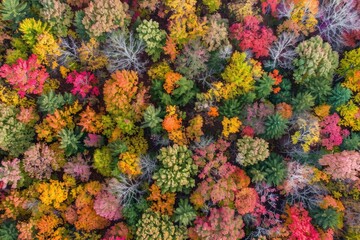 Fototapeta na wymiar Expansive Overhead Shot of Autumnal Forest Splendor, Mosaic of Fall Shades
