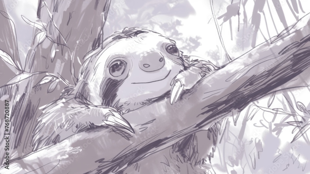 Aufkleber a drawing of two sloths in trees, one resting on a branch with its head leaning against it while the