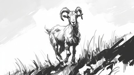  A monochromatic illustration portrays a sheep perched on a green hillside beneath an overcast heavens
