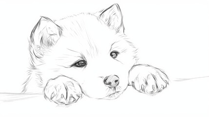  A monochrome illustration of a canine's visage, with one forelimb touching earth and one elevated