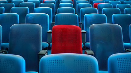 Red seat as an eyecatcher in the middle of rows of empty blue seats, AI Generative.