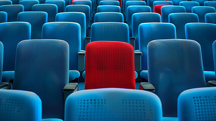 Naklejka premium Red seat as an eyecatcher in the middle of rows of empty blue seats, AI Generative.