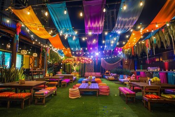 Enchanting Nighttime Garden Party Setup with Fairy Lights and Bright Fabrics