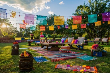 Colorful Outdoor Party Venue at Night with Vibrant Lights and Decorations