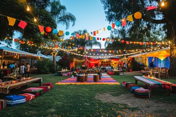 Vibrant Evening Party Scene with Colorful Drapes and Sparkling Lights