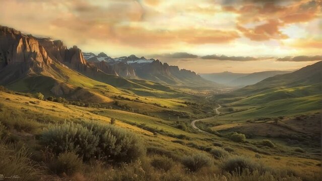 sunset in the mountains, background, 4k, animation video, Seamless looping, footage, generative ai
