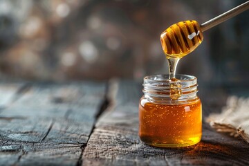 a honey dripping from a honey dipper into a jar - obrazy, fototapety, plakaty