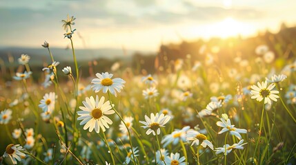 Beautiful spring and summer natural landscape with blooming field of daisies in the grass in the...