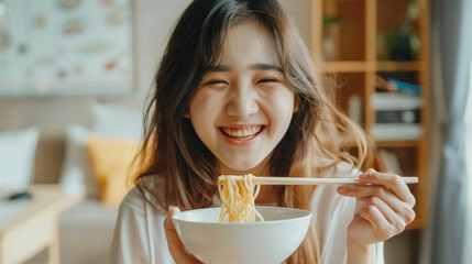 Cute Asian woman enjoying instant ramen noodles with chopsticks at home, showcasing a fast food lifestyle.