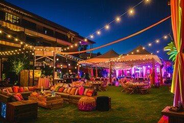 Festive Outdoor Event Space at Dusk, Vibrant Lighting Display
