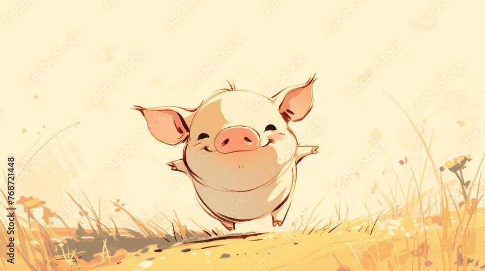 Poster a pig standing in a green field with a yellow sky in both the background and foreground