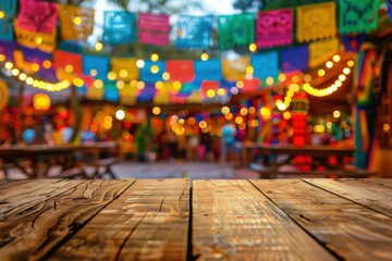 Empty wooden table and blurred colorful bokeh background. For product display. Cinco de Mayo backdrop. - obrazy, fototapety, plakaty