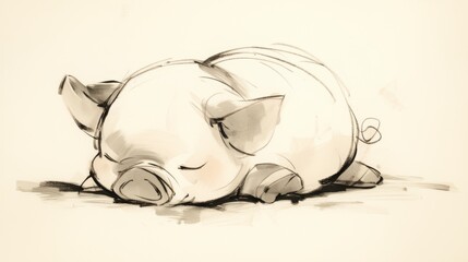  A monochrome illustration of a pig lying on its back, resting its head on hind legs - obrazy, fototapety, plakaty