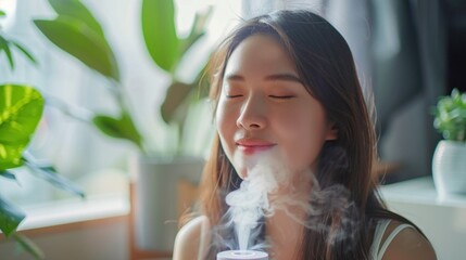 Young woman enjoying aromatherapy steam from essential oil diffuser at home. - obrazy, fototapety, plakaty