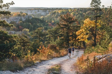 Trail Runners Captured at Golden Hour in Lush Landscape