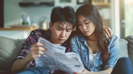 Stressed young couple calculating expenses and holding bills at home. - obrazy, fototapety, plakaty