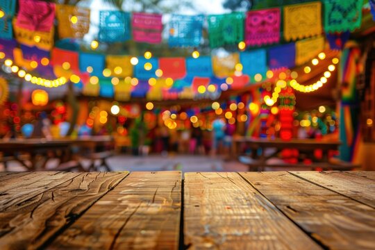Empty wooden table and blurred colorful bokeh background. For product display. Cinco de Mayo backdrop.