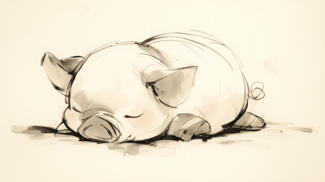  A monochrome illustration of a pig lying on its back, resting its head on hind legs
