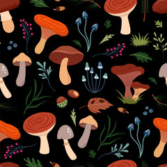 Vector seamless pattern of cute forest icons - mushrooms, berries, chestnuts, pine needles, leaves. Beautiful trendy background for packaging, fabric, wallpaper. - obrazy, fototapety, plakaty