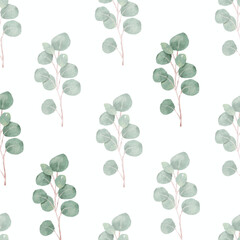 watercolor green silver eucalyptus foliage seamless pattern